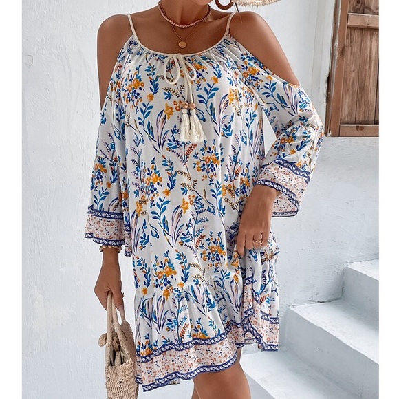 🍂 BOHO BLUE MULTI OPEN SHOULDER TASSEL LOOSE FIT DEESS! - Picture 5 of 9